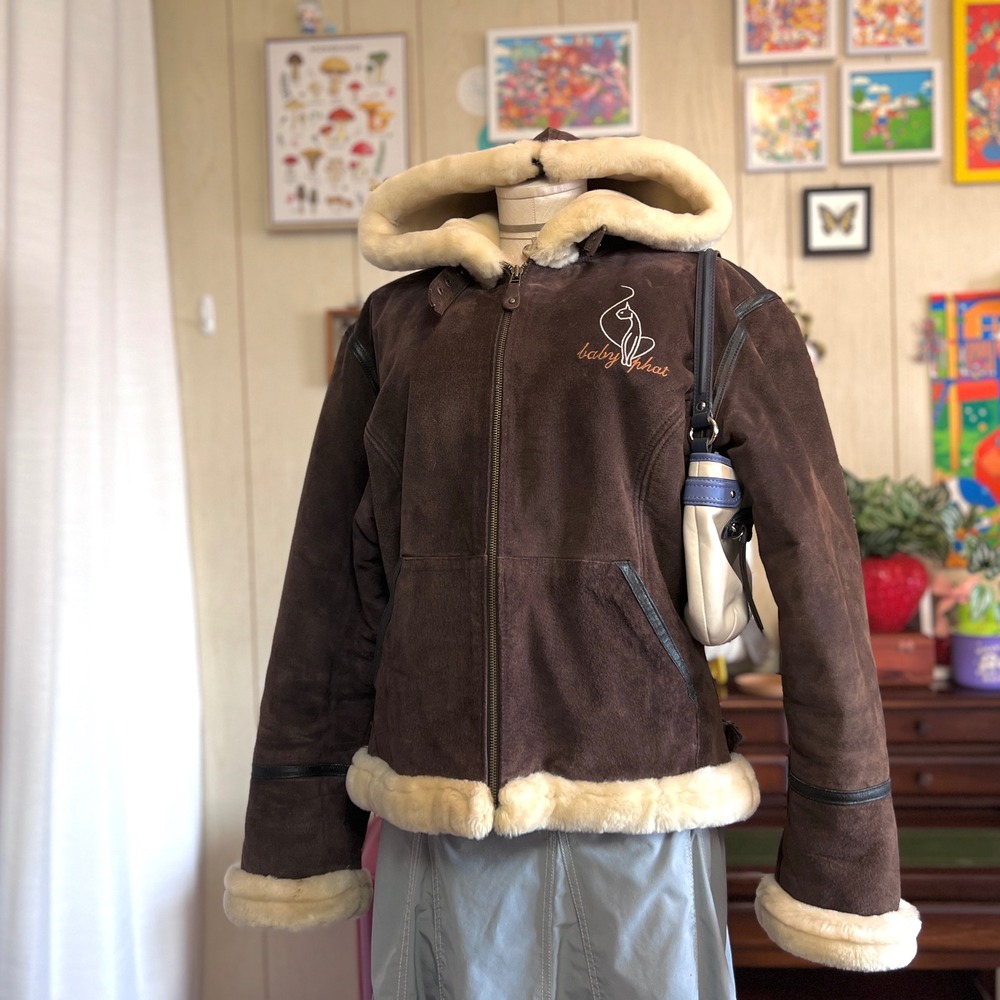 Baby Phat Brown Leather Faux Fur Lined Zip Up Hood Jacket Buckle Collar Womens L - Picture 10 of 12